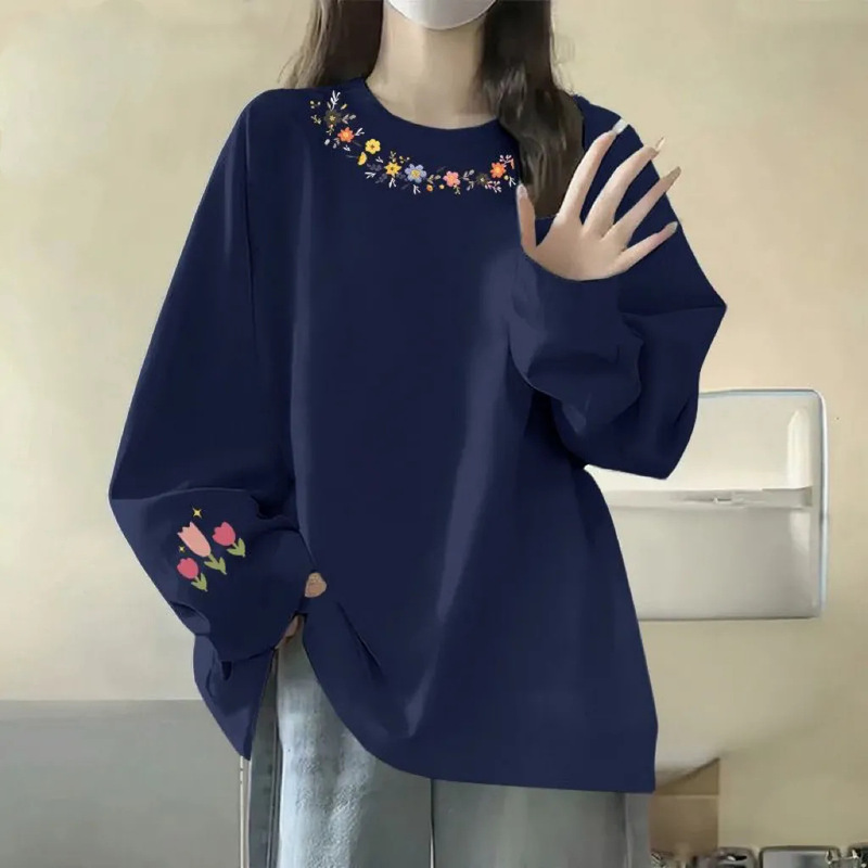Pure Cotton Long-Sleeved T-Shirt for Women Spring & Fall Korean Style New Loose Large Size Design Top Ins Round Neck Flower Bottoming Shirt