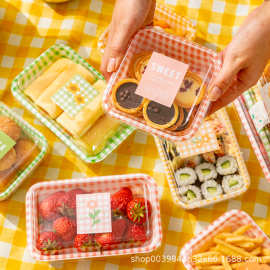 网红野餐盒寿司水果手绘日系方格一次性透明盖格纹蛋糕甜品打包盒