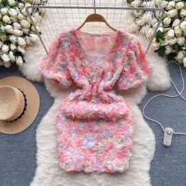 轻奢宫廷风小洋装名媛礼服裙子小众立体花排扣修身短款连衣裙新品