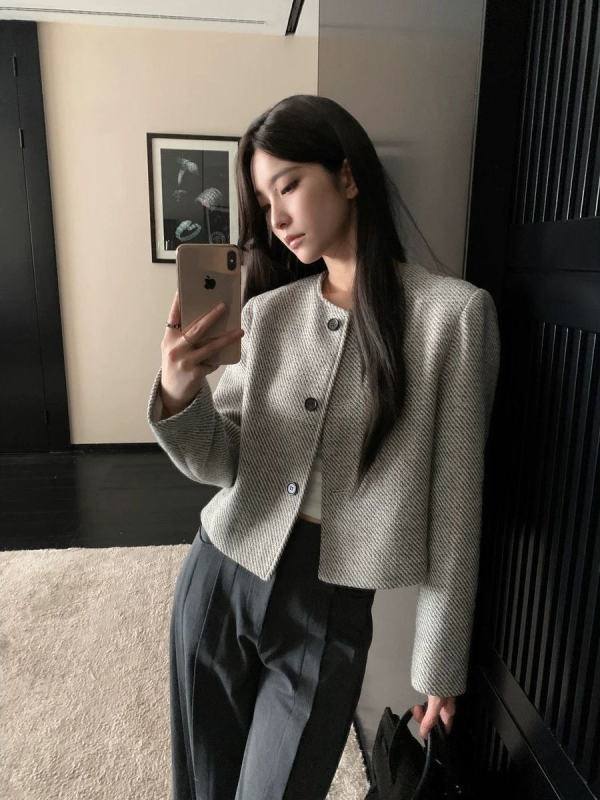春秋新款复古圆领单排扣上衣女条纹宽松小香风外套女年轻简约时尚|undefined