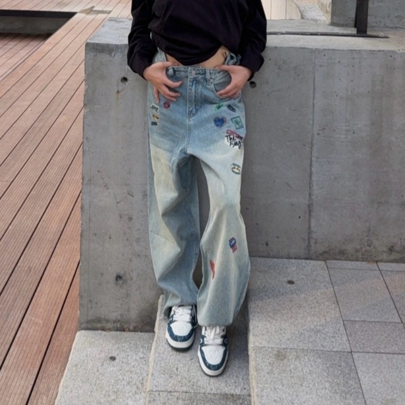 衣斯顿美式阔腿宽松标签拼色牛仔裤男潮牌设计感小众裤子男女同款|undefined