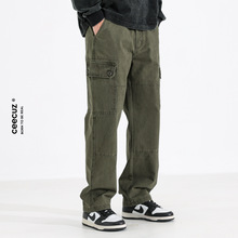 Ceecuz复古水洗军绿色工装裤子男秋冬保暖加绒加厚宽松直筒休闲裤