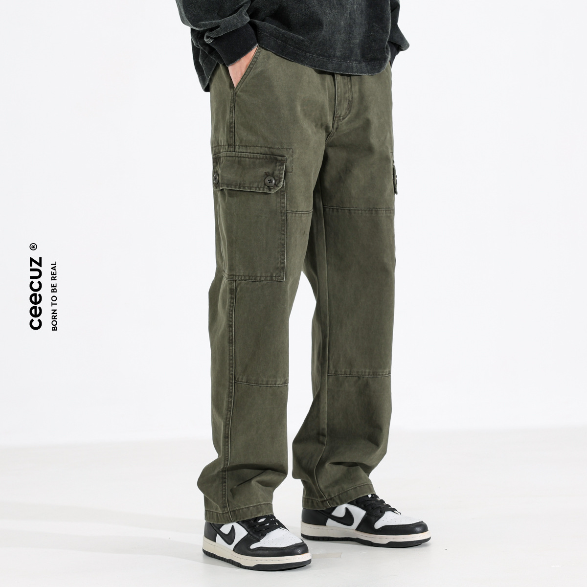 Ceecuz复古水洗军绿色工装裤子男秋冬保暖加绒加厚宽松直筒休闲裤