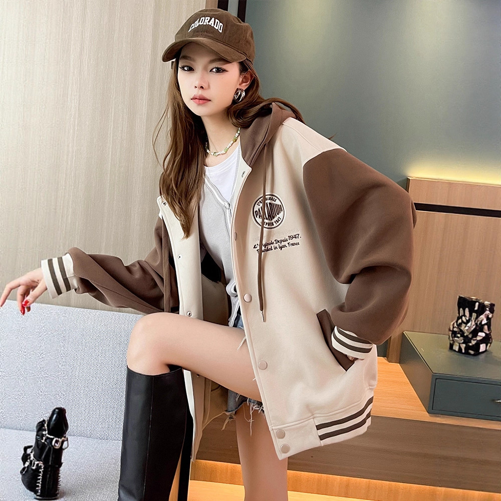 拼色棒球服女春秋加厚美拉德棉衣棉服加绒连帽超好看学生卫衣外套