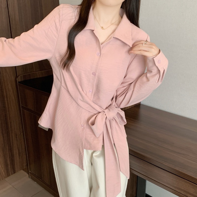 实拍2025秋季设计感系带收腰显瘦衬衫女长袖不规则下摆衬衣80396|undefined