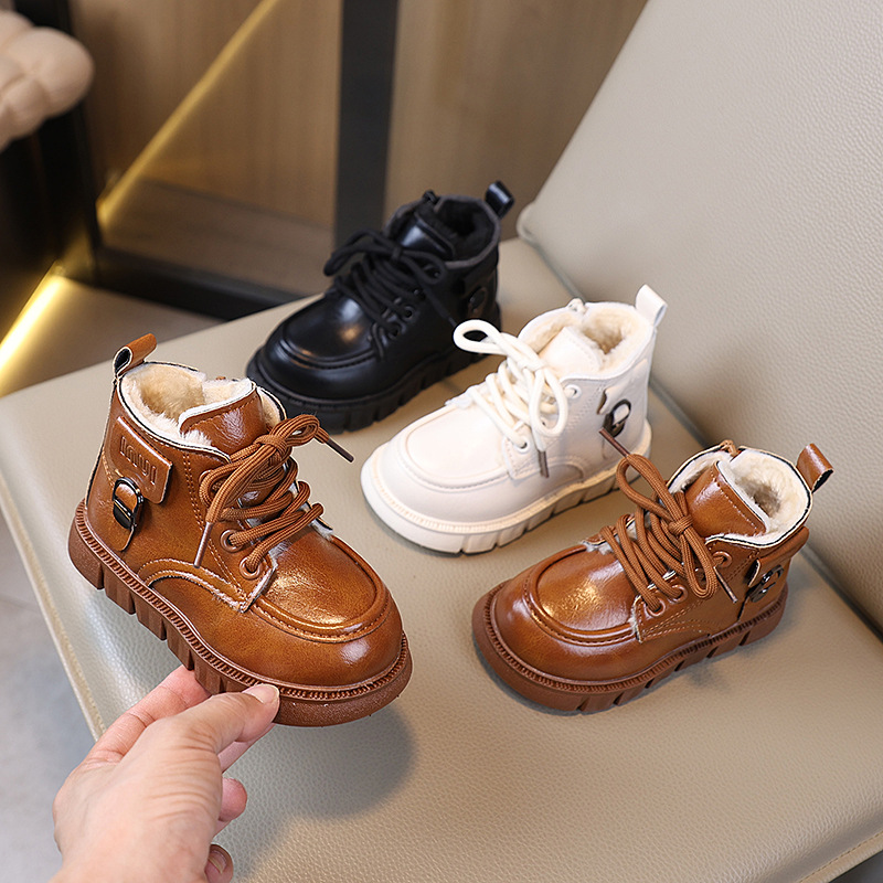 Children's Cotton Boots Autumn and Winter New Style Boys' Versatile Velvet Thickeneded Boots Girls' Side Zipper Large Cotton Fashion Short Boots