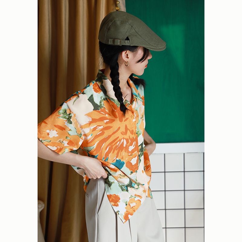 Loose Orange Short-sleeved Floral Shirt Women's Japanese Style Retro Hong Kong Style Design Sense Niche Hawaiian Summer Shirt
