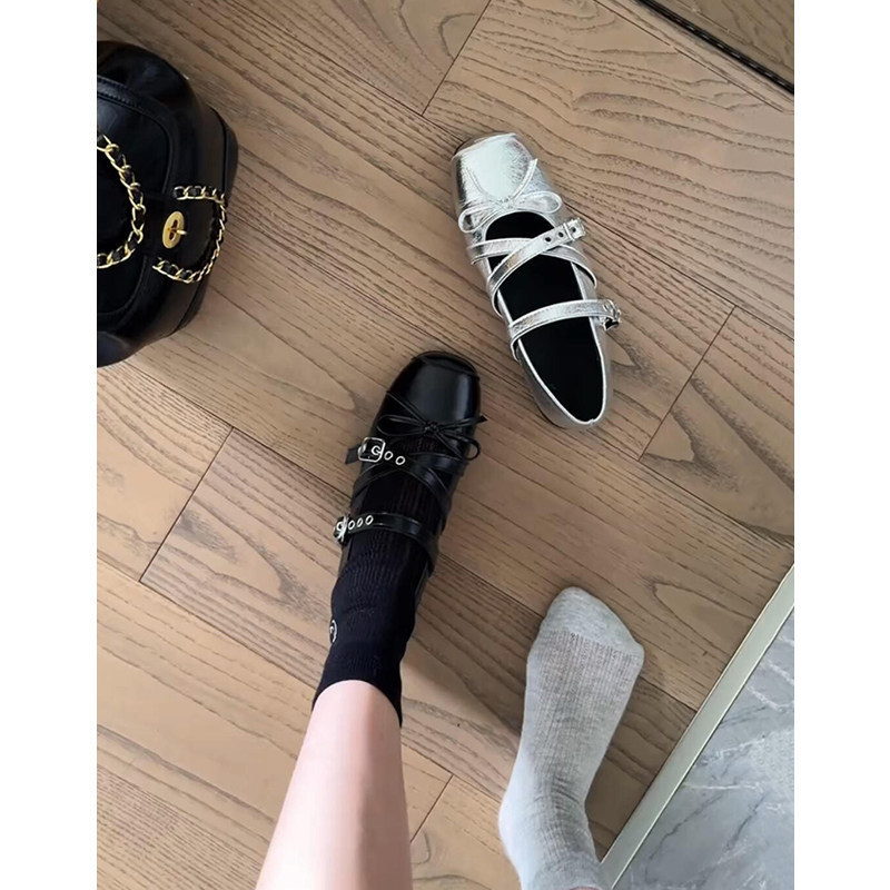 Cowhide Version~Genuine Leather Small Stature Height-Increasing Single Shoe for Women, Silver Bow Cross-Strap Mary Jane Ballet Shoes