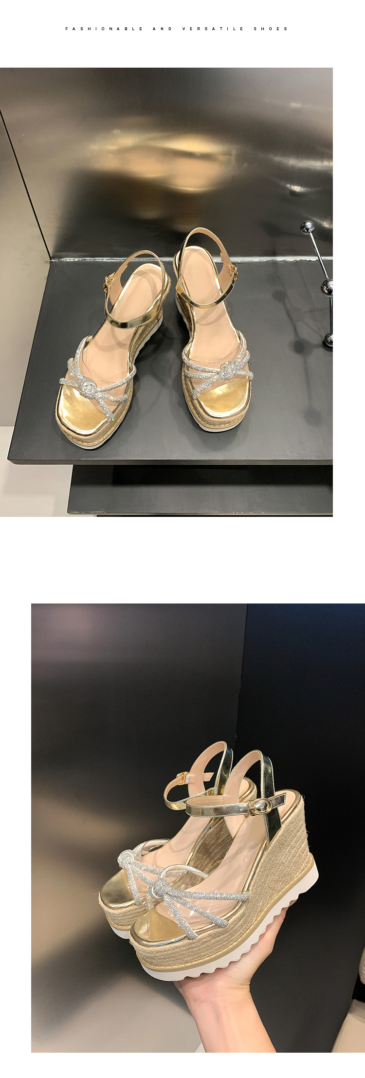 Sandal cao gót nữ hở mũi đính đá pha lê gót nêm đế cói — màu vàng, bạc chi tiết 10