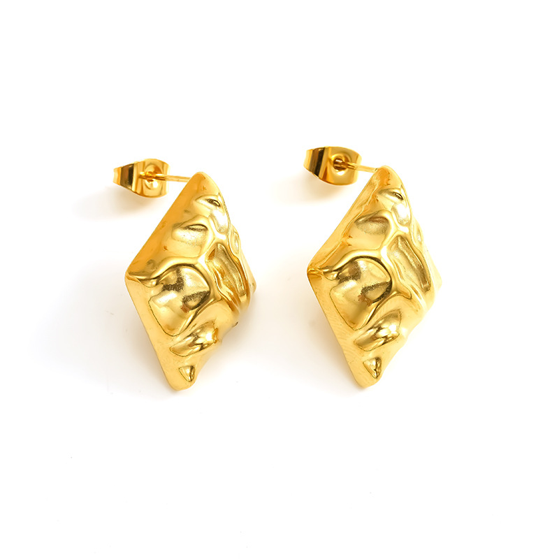 Europe and the United States cross-border ins style exaggerated high-level gold stainless steel concave-convex hammered prismatic symmetrical earr_voghion.com