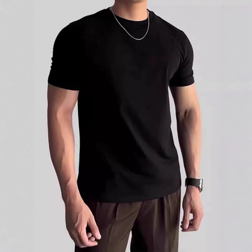 2025 New Trend Brand Summer Solid Color Youth Men's Student Navy Blue Short Sleeve T-Shirt for Muscle Highlight