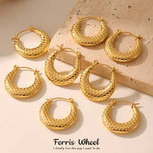 摩天轮欧美格子方块纹路耳环耳圈夸张时尚钛钢电镀女耳饰现货批发