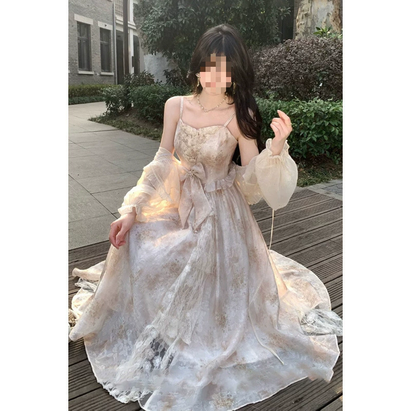 Летнее платье-кардиган с цветочным бантом, кружевное, тонкое, в стиле феи, комплект из двух предметов, цвет персиковый лунный свет