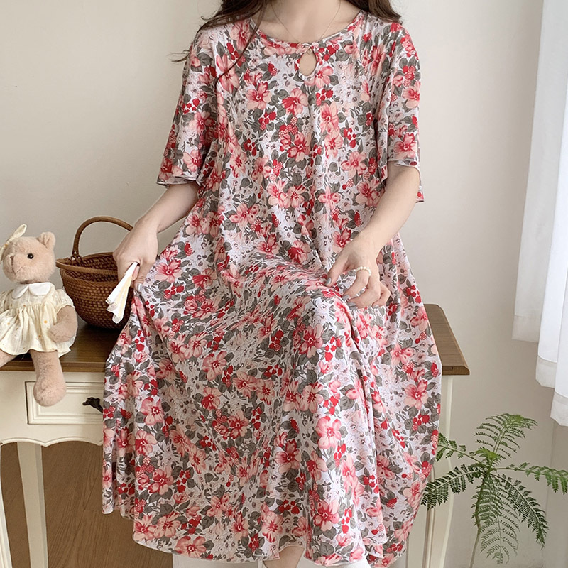 Cotton Silk Nightgown Modified Cheongsam Thin Pajamas Women's Summer Short-sleeved Artificial Cotton Long Dress for Middle-aged Mother Cotton Silk Nightgown Modified Cheongsam Thin Pajamas Women's Summer Short-sleeved Artificial Cotton Long Dress for Middle-aged Mother