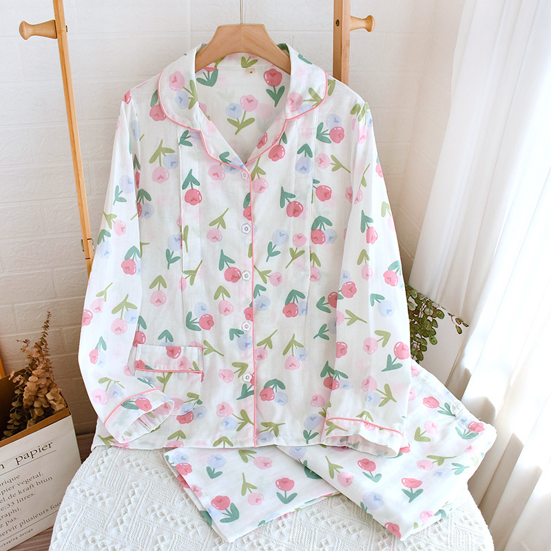 200 pounds large size cotton double-layer gauze confinement clothing four seasons thin cardigan nursing pajamas long-sleeved lapel breastfeeding