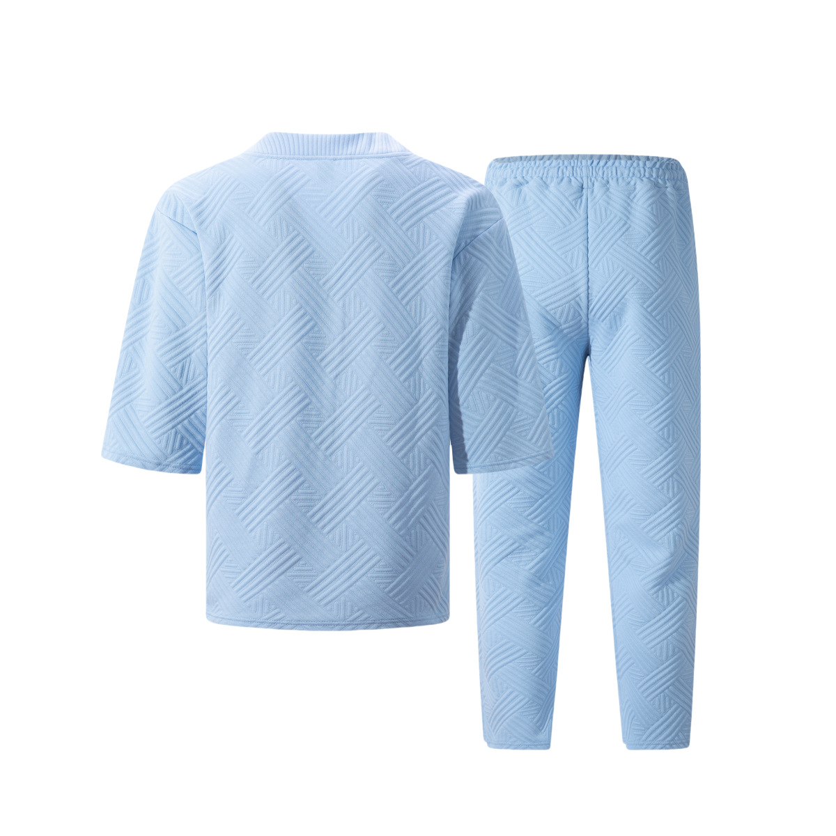 Men's Clothing Casual Short Sleeve V Neck Solid Color Jacquard Set American Style Summer Wear_viptrois.com