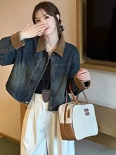 早秋季新款复古撞色短款牛仔外套女小个子时尚夹克设计感小众上衣