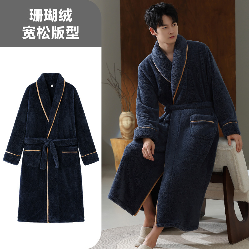 300G秋冬睡袍男士大码宽松浴袍2025珊瑚绒加厚加绒青少年家居服男|undefined