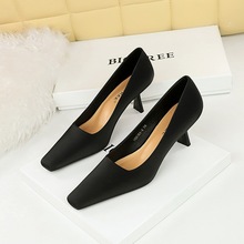 6183-2 European and American Style Simple Slim Heel High Heel Silk Shallow Mouth Square Head Women's Shoes Professional OL Versatile High Heel Shoes Single Shoe