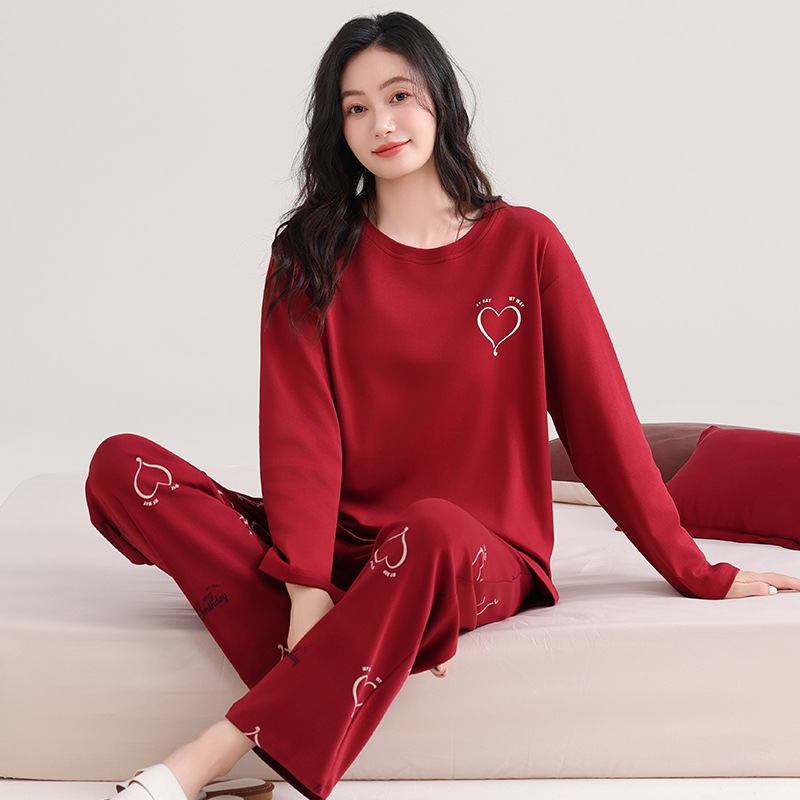 2025春秋新款双面纯棉睡衣女爱心图案甜美可爱红色长袖长裤家居服