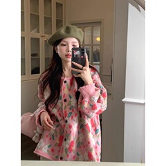 胖mm高级感超好看慵懒风毛衣女秋冬新款大码甜美花朵粉色针织外套