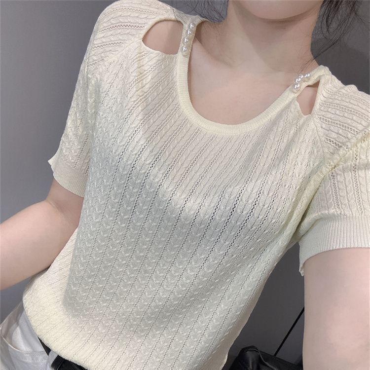 [Counter plus size] Solid Color Hollow Short-sleeved Knitted Sweater Women's Summer New Beaded Elegant Loose Slim Top