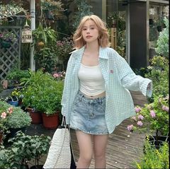 越境日本風秋服レディースチェック柄シャツ薄手日焼け止めブラウストップス越境人気大きいサイズフレンチスタイルアウター