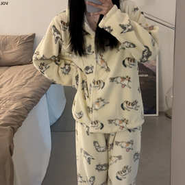 冬季猫咪绒女卡通睡衣韩版可爱宽松两件套可外穿家居服
