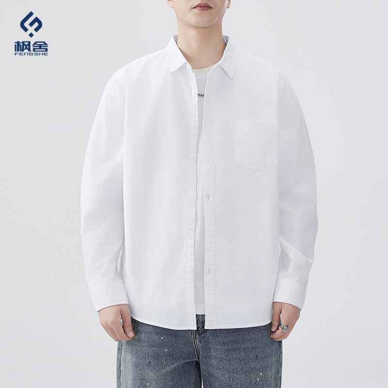 Fengshe Men's Clothing / Retro Spring New Long-Sleeve Men's Oxford Cotton Shirt Solid Color Shirt Men's Pure Cotton Shirt