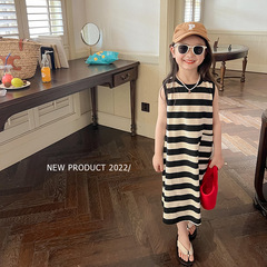 Aimobee Girls' Casual Sleeveless Mid-length Dress T Children's Black and White Striped Contrast Vest Dress 