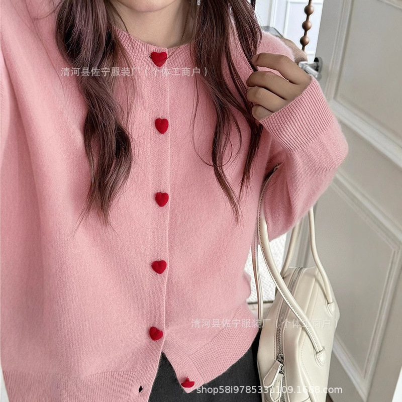 Autumn and Winter New Style 100% Worsted Wool Heart Button Women's Lazy Style Long-Sleeved Versatile Soft Knitted Cardigan with Round Neck