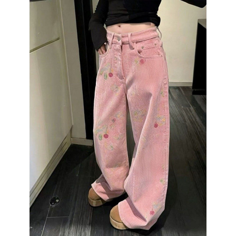 Spring High-Waisted Casual Sweet and Cute Pink Corduroy Loose Wide-Leg Pants for Women, Fashionable and Versatile Wide-Leg Pants Spring High-Waisted Casual Sweet and Cute Pink Corduroy Loose Wide-Leg Pants for Women, Fashionable and Versatile Wide-Leg Pants
