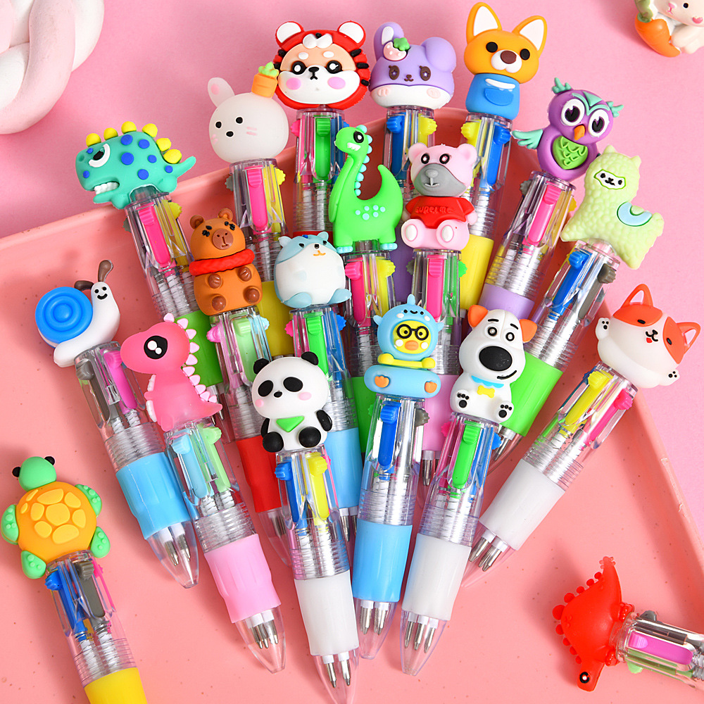 Nuevo mini bolígrafo de cuatro colores coreano lindo ins dibujos animados cabeza de animal pluma de presión de color regalo de premio para estudiantes