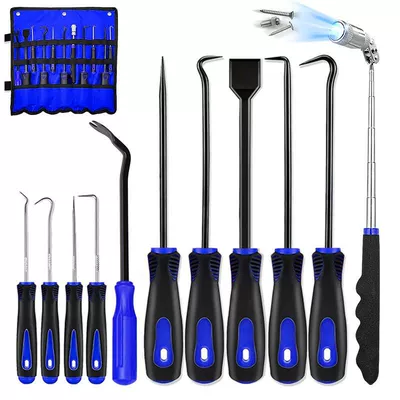 Car Oil Seal Hook – Mühərrik tənzimləmə alətləri - dark-blue-11-piece-set-with-rotating-head-stone-detector-oxford-storage-roll-bag