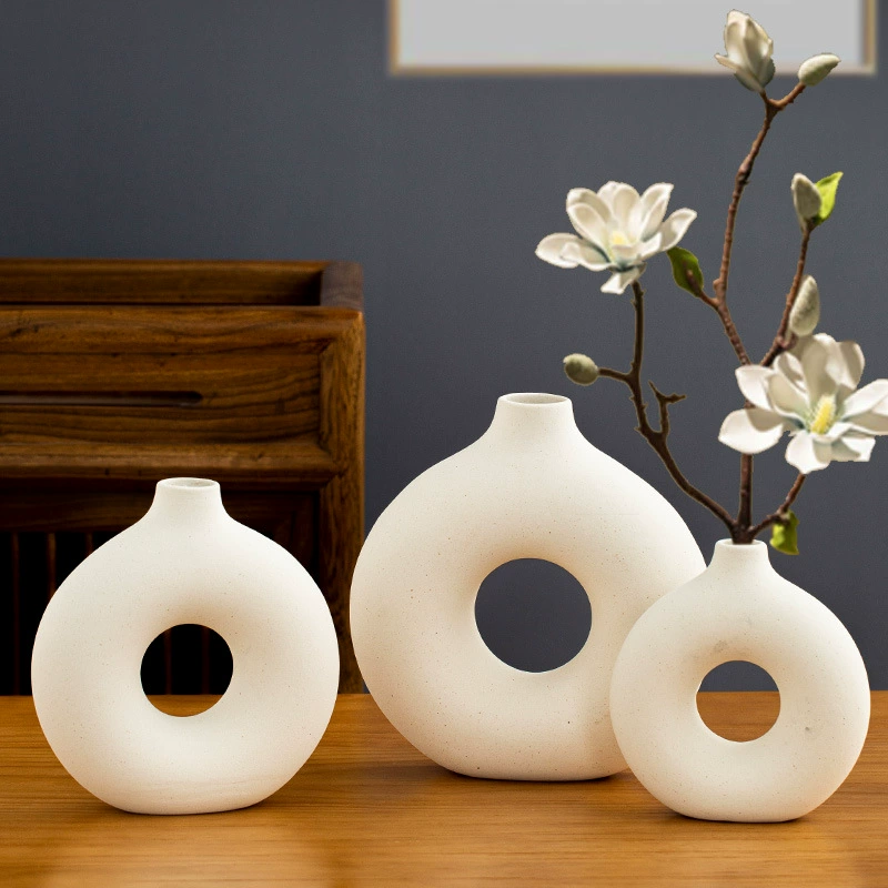 Retroin embryo ceramic vase Nordic style living room decorative ornament dry flower coarse potter custom round gray