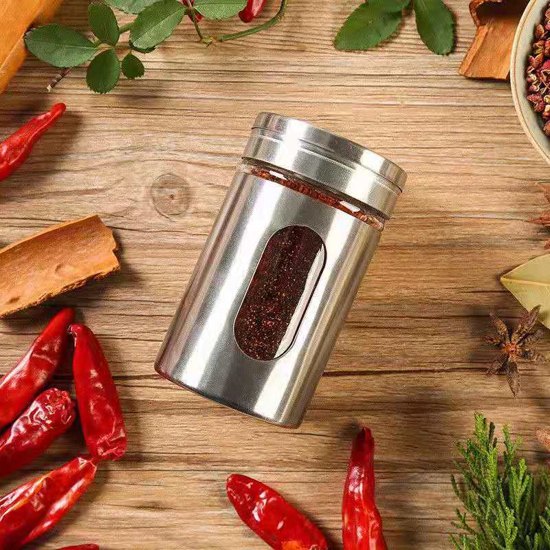 厨房不锈钢调味罐盐孜然胡椒粉撒料瓶玻璃调料瓶户外烧烤用佐料罐|undefined