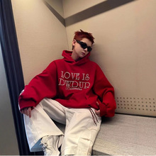 春秋季LOVE珍珠字母连帽红色卫衣男美式高街宽松情侣百搭套头外套