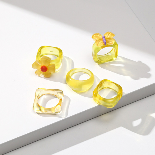 Cross-border creative candy-colored Korean cute ring set 2024 new personalized women's resin ring wholesale
