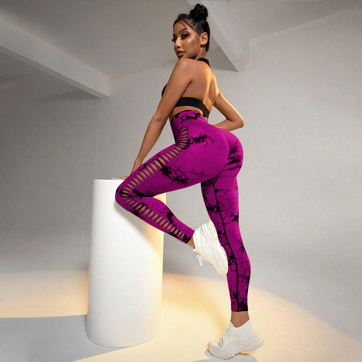Cross-border lateral agujero atado teñido pantalon sin costuras de cintura alta pantalones ajustados pantalones deportivos leggings