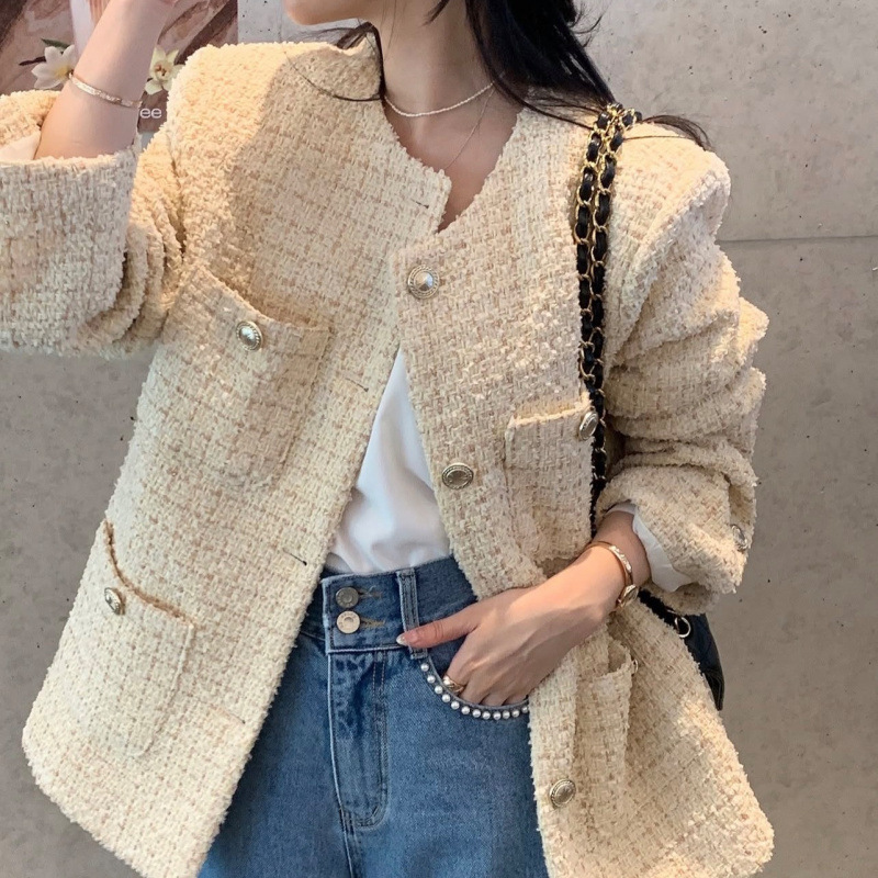 Tweed Style Tweed Short Jacket for Women 2025 Autum New Retro High-End Elegant Long-Sleeved Jacket Top