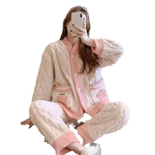 Duckling Peach Osmanthus Coral Fleece Pyjama Set for Women 2024 New Autumn and Winter Thick Long Bath Robe