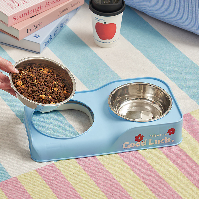 Tazón doble plegable de acero inoxidable Tazón para mascotas de acero inoxidable antivolcado y boca negra Tazón para perros Razón para gatos Tazón para comida para perros alta