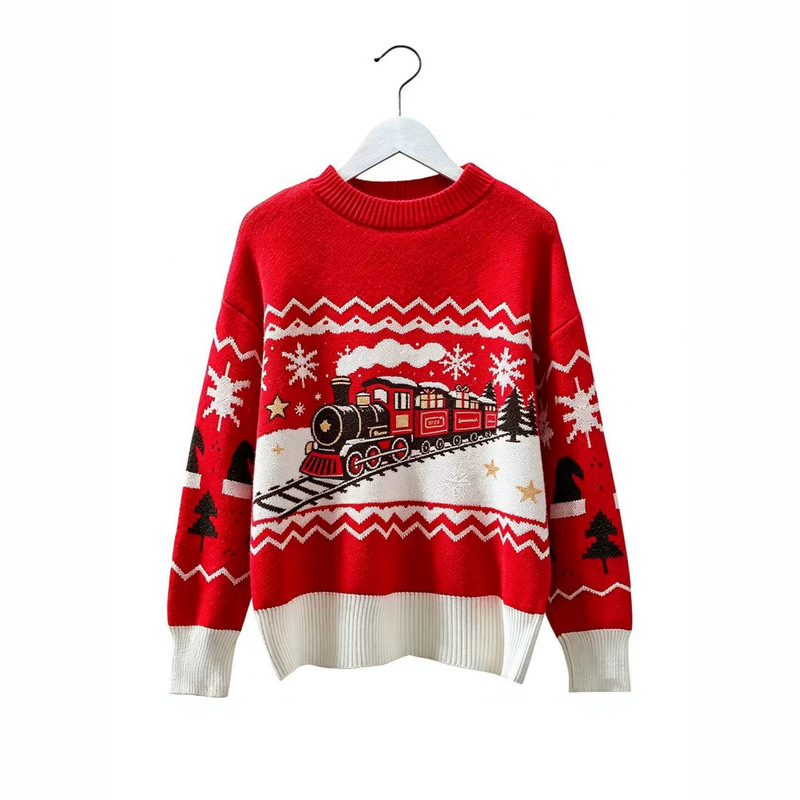 Christmas women's round-neck knitted sweater with distinctive Christmas motifs, loose-fitting, holiday pullover