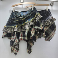 不规则牛仔拼接半身裙女秋冬新款高腰显瘦A字裙辣妹休闲格子短裙