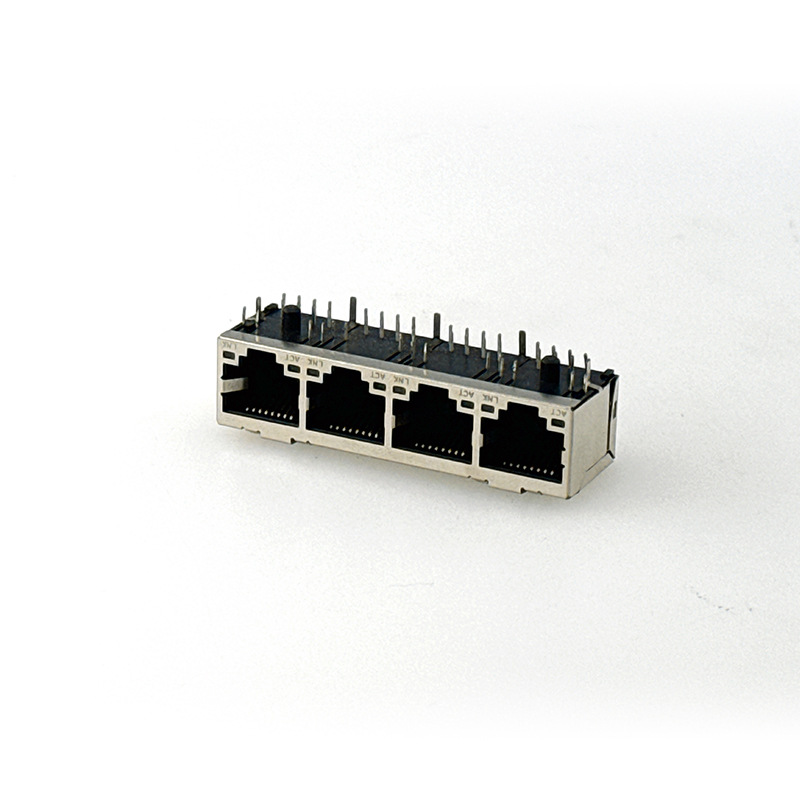 网络接口连接器 RJ45系列带灯全包扁针4口连接器 网线水晶头插座