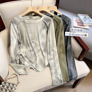 Tie-Dye Long-Sleeved Shirt for Women Spring and Autum 2025 New Women's Korean Style Loose Slimming Look Asymmetrical Drawstring Top for Women