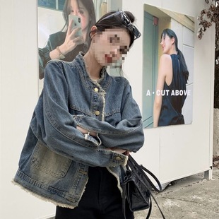 Design Hong Kong Style Retro Raw Edge Washed 2024 Flap Pocket Pants New Denim Jacket Loose Slimming Look Top Jacket Spandex