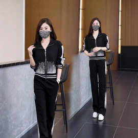 大码时尚休闲套装女2025秋新款胖mm洋气减龄烫钻上衣阔腿裤两件套