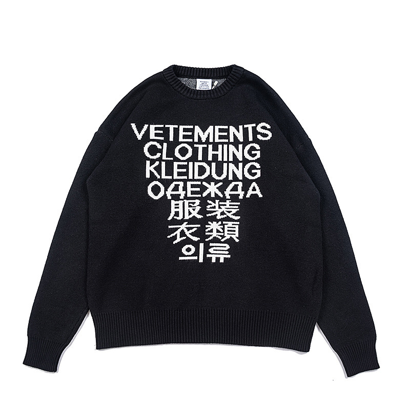 Cross-border New VTM Unique Cute Letter Round Neck Seven-language Loose Knitted Men's and Women's Clothing Sweater Long Sleeves