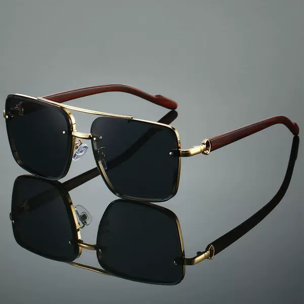 New Style Metal Double-Bridge Square Frame Sunglasses with Wood Grain Legs, Trendy European and American Style Sunglasses for Men, Driving Sunglasses
